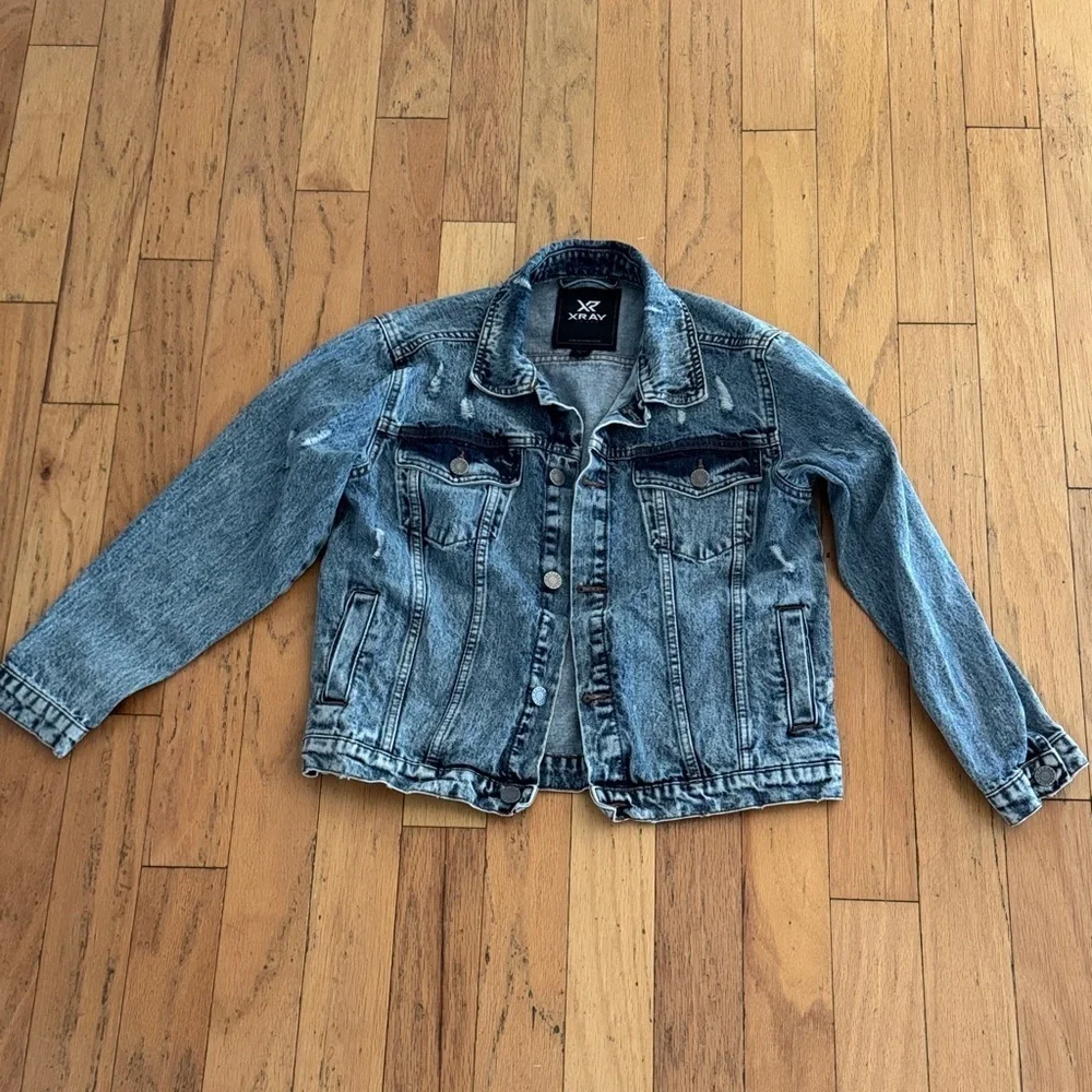 X-Ray | Classic Blue Denim Jacket | Distressed | Light Acid Wash | size 14-16 L